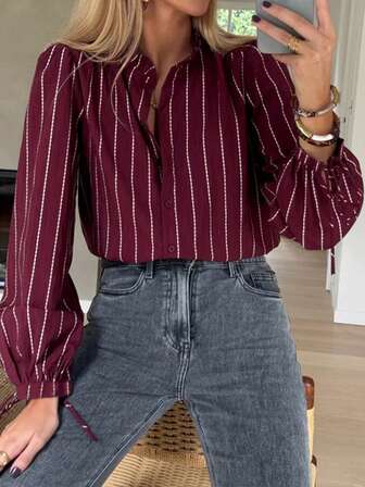 女性用エレガントなストライプ柄長袖タイフロントファッションシャツ、秋冬
