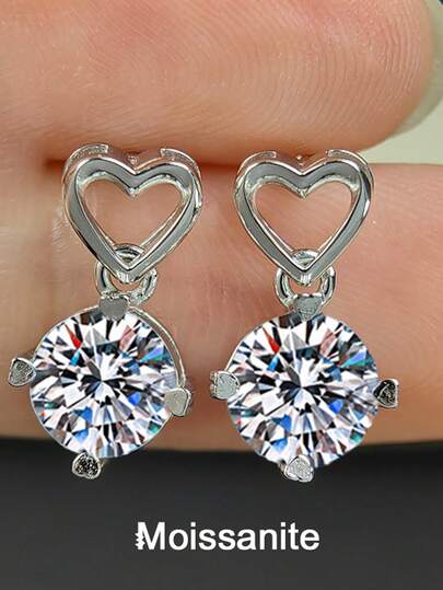 2pcs Luxury 925 Sterling Silver 1Carat X 2 Moissanite Heart Stud Earrings, Suitable For Commute, Party, Vacation, Birthday, Valentine's Day, Halloween, Mother's Day, Wedding Anniversary, Christmas, Women's Jewelry Gift
