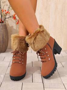 1 Paar modische minimalistische Ankle Boots für Teenager, neues Herbst/Winter Design, bequem & warm, glänzende Schnürung mit Plateauabsatz, geeignet für Outdoor, täglichen Weg zur Arbeit, Partys & formelle Anlässe