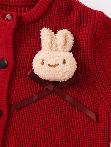 2 件套女婴甜美学院风优雅淑女温柔休闲户外简约舒适纯色针织上衣，3D 卡通兔子蝴蝶结装饰，长袖圆领毛衣和格子褶皱迷你裙，适合春季、秋季、冬季 - 酒紅色 - 查看 8