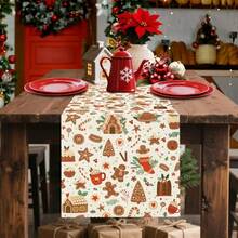 1PC Brown Gingerbread Man Christmas Table Runner, Made Of Polyester Material, Classic Christmas Gingerbread Man Farmhouse Kitchen Table Decoration, Home Party New Year Decorative Tablecloth - Brown - View 7