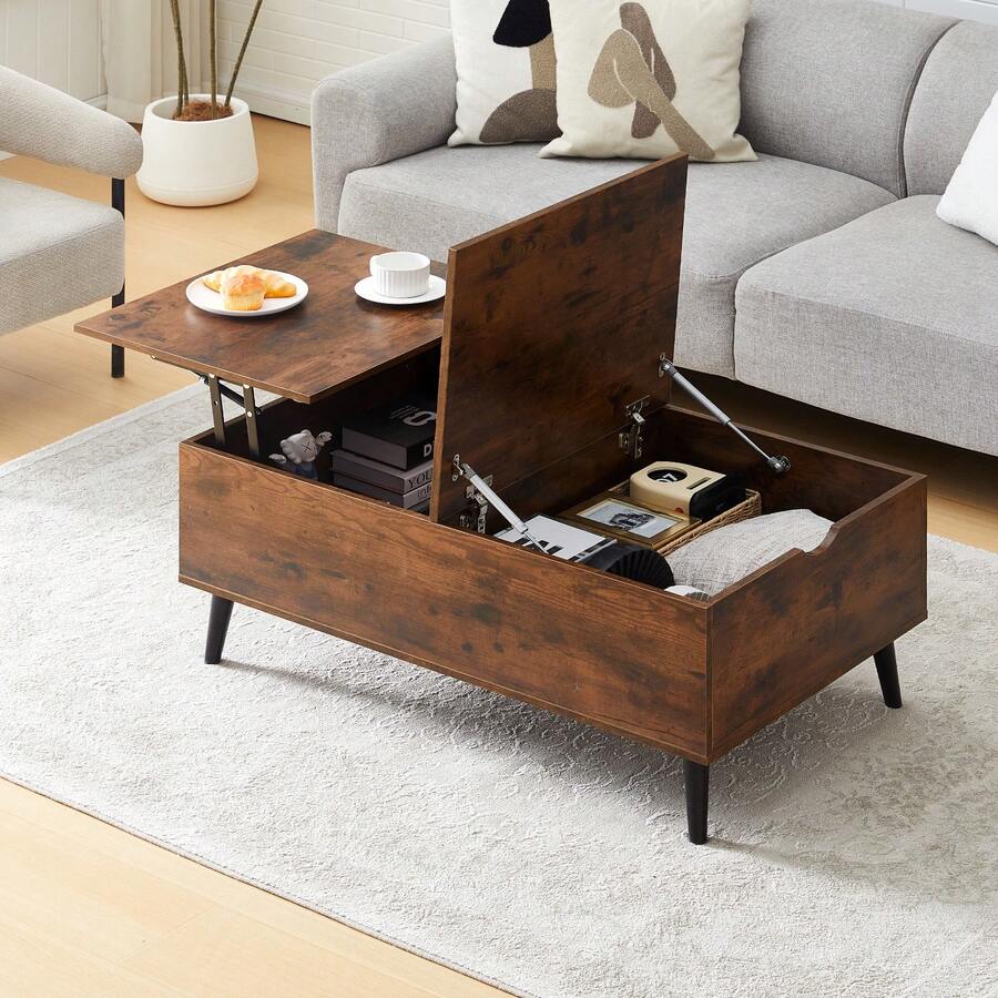 CLIPOP Mesa de centro regulable en altura, mesa de salón retráctil, tablero elevable, mesa auxiliar con compartimento oculto, mesa de sofá de madera, para salón, oficina - Marrón - Ver 1