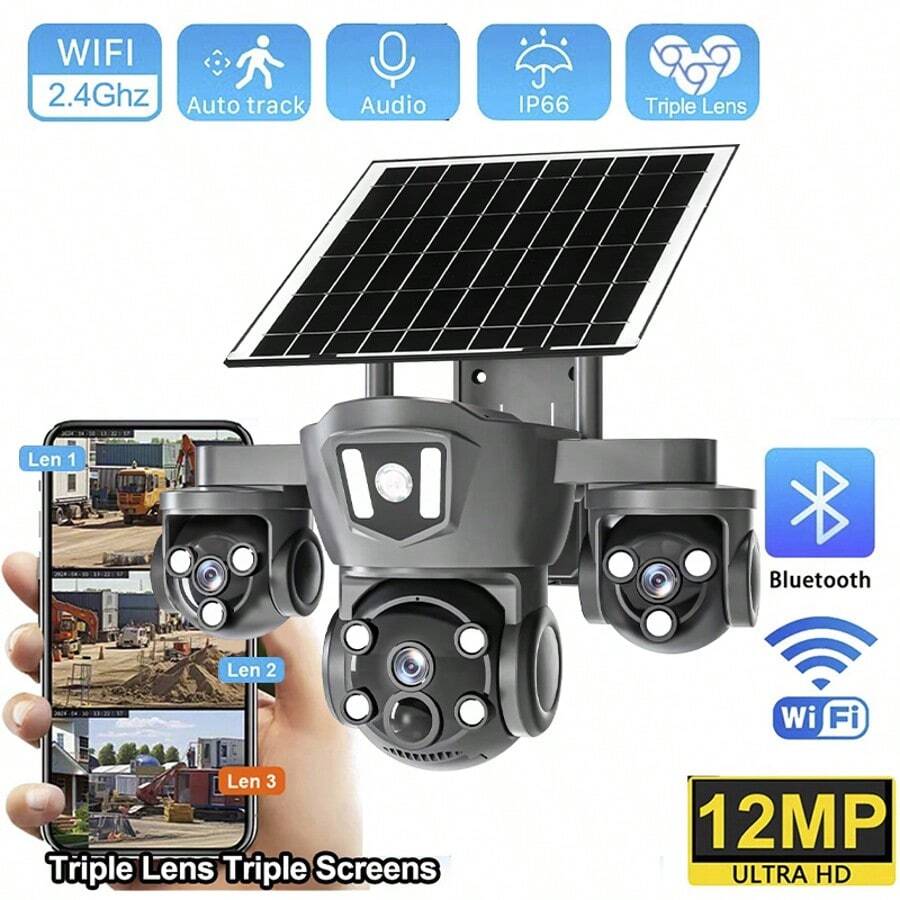 S1B Solar WiFi Surveillance - 4K HD Triple Lens Outdoor Audio Linkage, Ultra-HD Night Vision Security Camera, 360-Degree Wide-Angle Auto-Tracking Color Night Vision, Two-Way Audio PTZ CCTV Camera, Solar Panel Or USB Charging, SD And Cloud Storage, Wireless Video Monitoring, Easy-To-Use Smart Security Camera For Home Security - màu đen - Xem 1