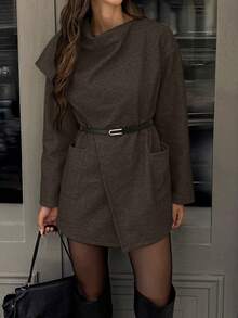 Women's Autumn/Winter Fashion Simple Solid Color Lapel Patchwork Pocket Woolen Coat, Belt Not Included - Coffee Brown - View 5