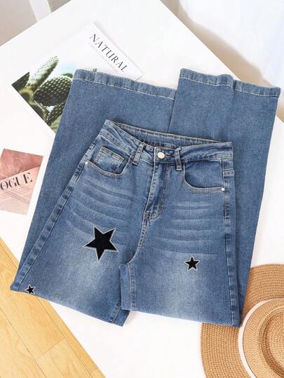 Elegantes vaqueros casuales de mezclilla azul de pierna recta con adornos de estrellas, largos y muy elásticos.