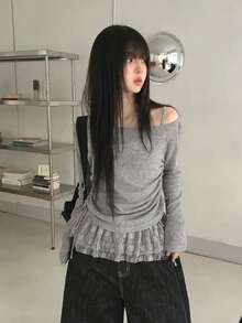 女士蕾丝拼接露肩长袖T恤，独特修身抽绳上衣，夏季