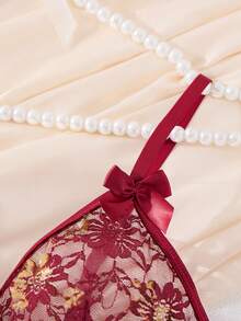 2PCS Women's Burgundy Retro Palace Style And Enchanting Pajama Set, Lace Splicing Sexy Sleeping Skirt With Lace Flower And Bow Decoration Strap Underwear, Thin Comfortable Translucent Pajama Skirt, Christmas Surprise Party Gifts