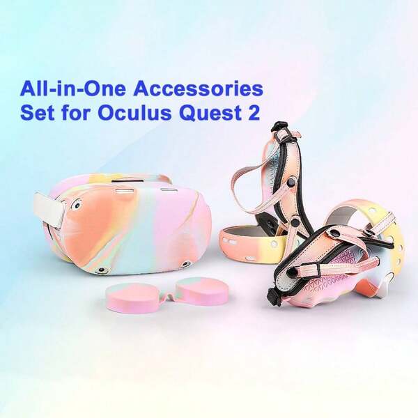 Accesorios de VR para Oculus Quest 2, set de silicona para Meta Quest 2, incluye agarre de controlador, cubierta de cuero, cubierta de carcasa de VR, cubierta facial, cubierta de lente y 10 piezas de cubierta desechable para los ojos (Macaron) (no incluye auricular y controlador de VR), regalo para Halloween, Acción de Gracias, Navidad