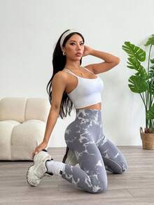 2Pcs Women'S Seamless High Waist Yoga Pants, Moisture-Wicking, Peach Hip, Versatile For Daily Wear And Workouts, Tie-Dye Design Tights - Multicolor - View 6