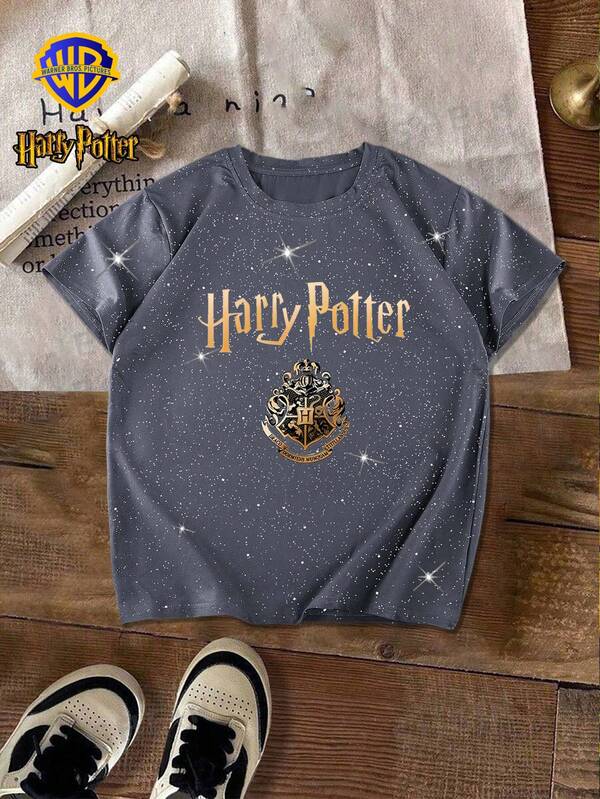 Warner Bros LILL, Autumn Women's Harry Potter Pattern T-Shirt Tops, Starry Glitter Sequins Slightly Elastic Fit Round Neck Grey Short-Sleeved T-Shirt, Casual Daily T-Shirt Tops