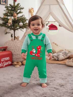 Conjunto navideño de 3 piezas para niños y niñas, mono a rayas de manga larga con cuello redondo, mono con estampado de letras de Papá Noel y gorro.
