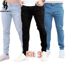 Kit 3 Jeans PLUS SIZE Black Medium Light Men's Laicra Slim Basic Casual Premium Direct From The Factory With Elastane - 中等水洗藍 - 查看 5