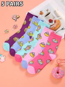 5 Pairs/Sets Of Women's Four Seasons Dessert Pattern Mid-Tube Socks Combination
