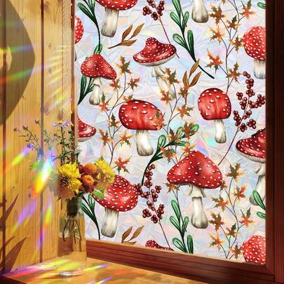 1 pièce Film en verre à motif de champignon coloré, film de fenêtre en PVC, autocollant opaque de protection UV pour la vie privée pour la décoration de la chambre, du salon, de la cuisine, de la porte, de la fenêtre, film de vie privée pour fenêtre de salle de bain