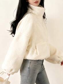 Women Elegant Zip Up Lamb Wool Short Jackets Coats Early Spring Fashion New Solid Chic Teddy Jacket Valentine's Day Outfit Couple Coat Spring To Summer Going Out Tops Gym Wear Casual Loose Fit Long Sleeved Spring Break Outfits Overcoats Female Street Outerwear Party Clothes - Apricot - View 5