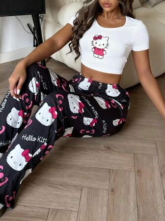Sanrio 2pcs Hello Kitty Print Women Short Sleeve Top + Elastic Waist Straight Pants Pajama Set