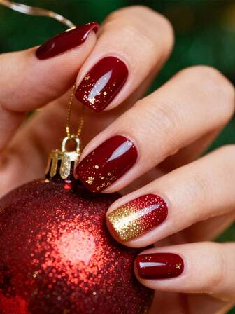 24 件圣诞勃艮第和金色闪光渐变方形指甲贴，优雅的美甲贴花，12 种尺寸，全覆盖假指甲套装，秋冬圣诞主题，沙龙品质美甲配件，送给女性的绝佳礼物