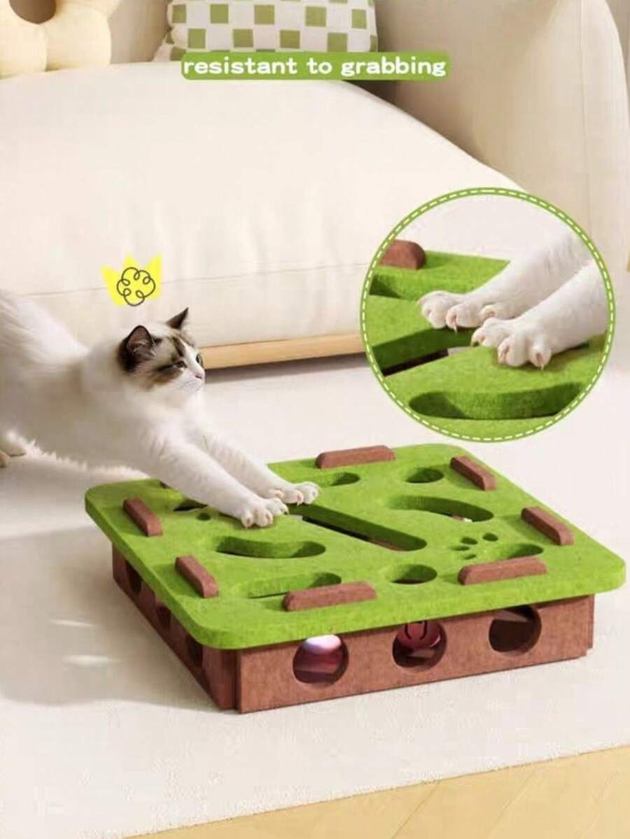 2025新款互动猫玩具趣味盒，猫咪益智玩具促进智力发展和身体活动，包含3个球形玩具（颜色随机），带迷宫隧道和铃铛球，耐用毛毡材质，无需电池，适合室内猫咪。