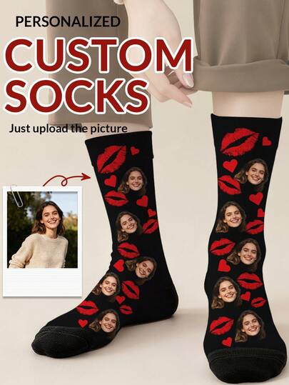 1 par de calcetines con cara personalizada impresos hasta el tobillo para mujeres, calcetines con foto personalizada, calcetines divertidos con imagen personalizada a juego con calcetines de longitud media, adecuados para el Día de San Valentín, cumpleaños, regalos y otras ocasiones, personalización personalizada