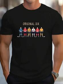 Men'S Original Six Hockey Players Graphic T-Shirt - Black Casual Short Sleeve Tee, Polyester, Machine Washable, Vintage Sports Design, Ideal For Daily Wear & Canadian Team Apparel, Hockey Jersey - Black - View 3