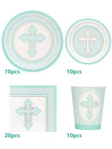 10 pièces/20 pièces/50 pièces/80 pièces Set de vaisselle Bleu pour Communion, comprenant assiettes, gobelets et serviettes. Convient pour la Première Communion, le Baptême de garçon, Pâques, la Confirmation, le Baptême, les fêtes d'église et autres occasions religieuses - Bleu azur - Voir 12