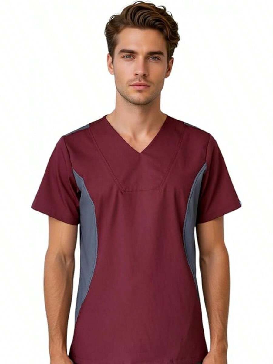 SOULMATE Men's Medical Scrub Top With Side Color Highlight - Pink - View 1
