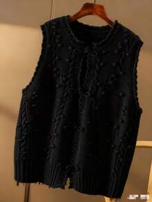 女士新款中国风针织背心开衫无袖上衣，黑色 - 黑色 - 查看 2