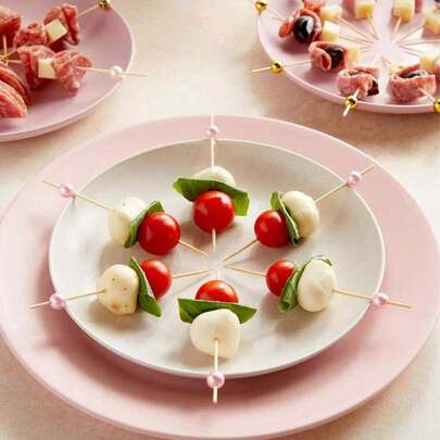 100/50/10 piezas Palillos decorativos con perlas rosas para pasteles de frutas, palillos para frutas, palillos para decoración de alimentos, adecuados para postres de fiesta, pasteles, bebidas, tablas de charcutería, sándwiches, frutas