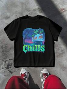 PLUS SIZE Monster Scares Chill Halloween TShirt 100% Cotton Comfortable Classic Fit Basic Long Lasting Quality - Black - View 2