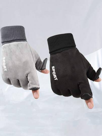 1 Pair Men's Winter Suede Thermal Lined Thick Gloves, Touchscreen, Anti-Slip, Fingerless For Cycling, Driving, Motorcycle