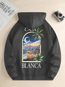 Men's Landscape Artwork Graphic Fleece Hoodie,American Street Style, Autumn/Winter, Long Sleeve Top - Dark Grey - View 7