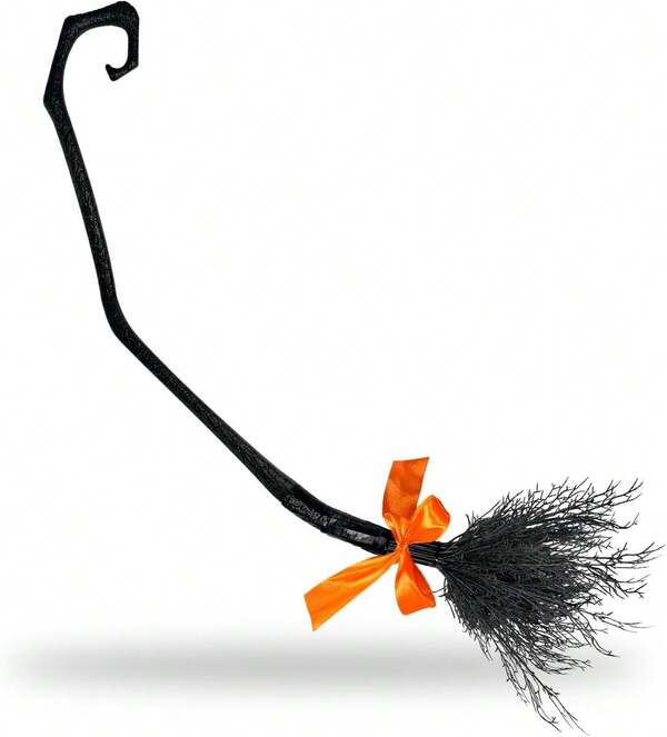 Escoba De Bruja Con Moño Naranja Brujita Disfraz Halloween Accesorio