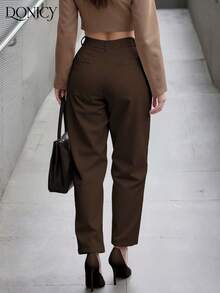 DONICY 女士纯色高腰直筒褶皱裤，柔软舒适，时尚百搭，优雅都市休闲裤，适合日常休闲、约会、派对、情人节、嘉年华、商务办公等场合。 - 咖啡棕 - 查看 3