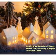 Village Sets - Ceramic Decorations 5Pcs - Porcelain Farmhouse Village, 3 Lighted House Figurines And 2 Pine Trees, Tabletop Xmas Decor Home, Winter Holiday Display