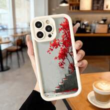 Phone Case With Black Edge, Red Leaves And Stairs Design, For IPhone 14 Pro, Minimalist Artistic Style, Ideal For Daily Use In Cafes And Urban Spaces Suitable For Apple Series Phones - Black - View 3