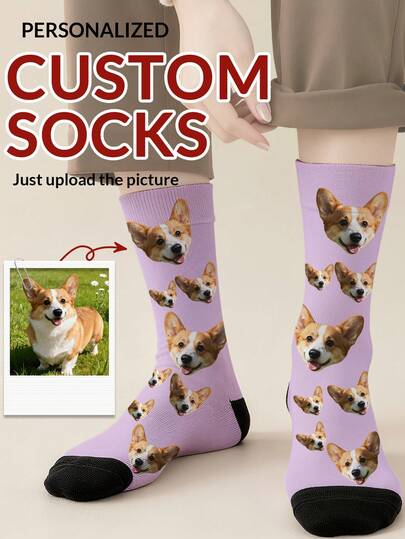 Face Socks 1 Pair Customized Face Print Mid-Calf Socks For Women, Personalized Photo Socks, Funny Custom Image Paired With Mid-Length Socks, Suitable For Valentine's Day, Birthday, Gifts And Other Occasions, Personalized Customization