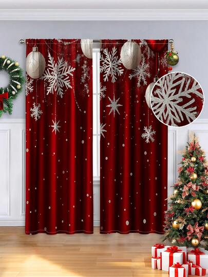 2pcs Christmas Theme Brushed Fabric Digital Print Curtains, Christmas Snowflake & Christmas Balloon Atmosphere Christmas Curtains, Rod Pocket Installation, Semi-Sheer Polyester