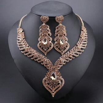 华丽水晶首饰套装 - 精致镀金项链和耳环，优雅晚宴舞会配饰