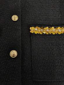 女士优雅亮片拼接长袖单排扣外套和中长裙套装，秋季 - 黑色 - 查看 4