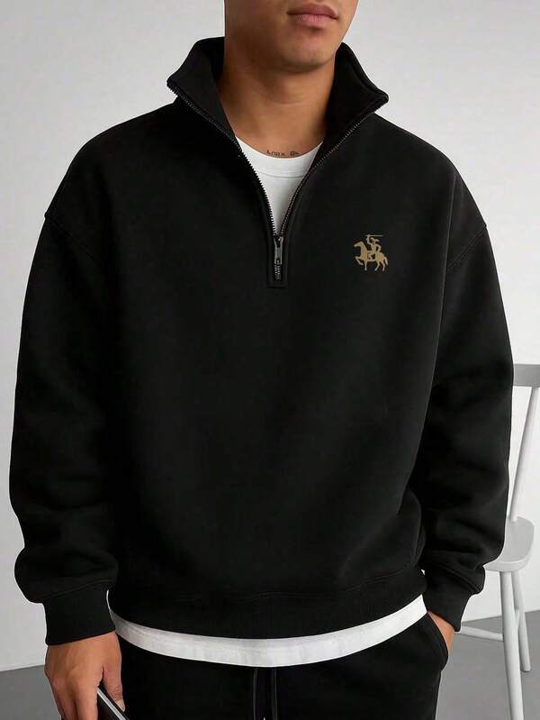 Men's New Solid Color Black Sweatshirt With Half-Zip Design, American Retroy Top