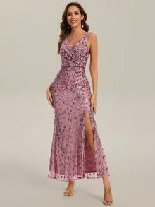 EVERPRETTY Romantic V-Neck Sleeveless Ruched Graceful Long Dusty Pink Formal Dress Heavily Sequined Evening Gown For Evening Party - Dusty Pink - View 3