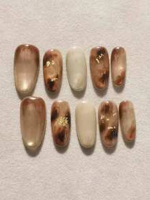 10pcs Pure Handmade Press On Nails Long Nails Almond Nails Brown Nails Vintage High - End Amber Brown Gradient Cat Eye With Gold Foil Embellished Elegant And Luxurious Press - On Nails For Women And Girl,Fall Winter Festivals Party And Dailys Life Use