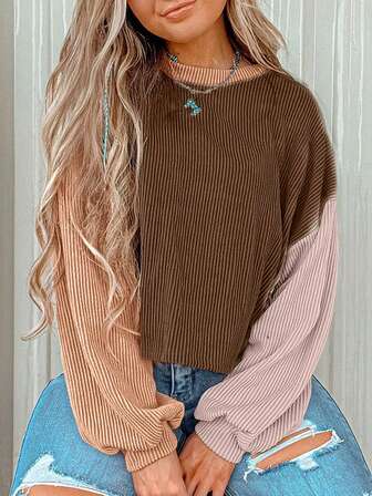 CILKOO 多色条纹拼色落肩长袖上衣