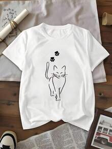 Minimalist Cat And Paw Print Graphic Tee,Women's Christmas Print Round Neck Short Sleeve Casual Versatile T-Shirt,220 Grams Heavyweight Cotton Printed T-Shirt - White - View 1