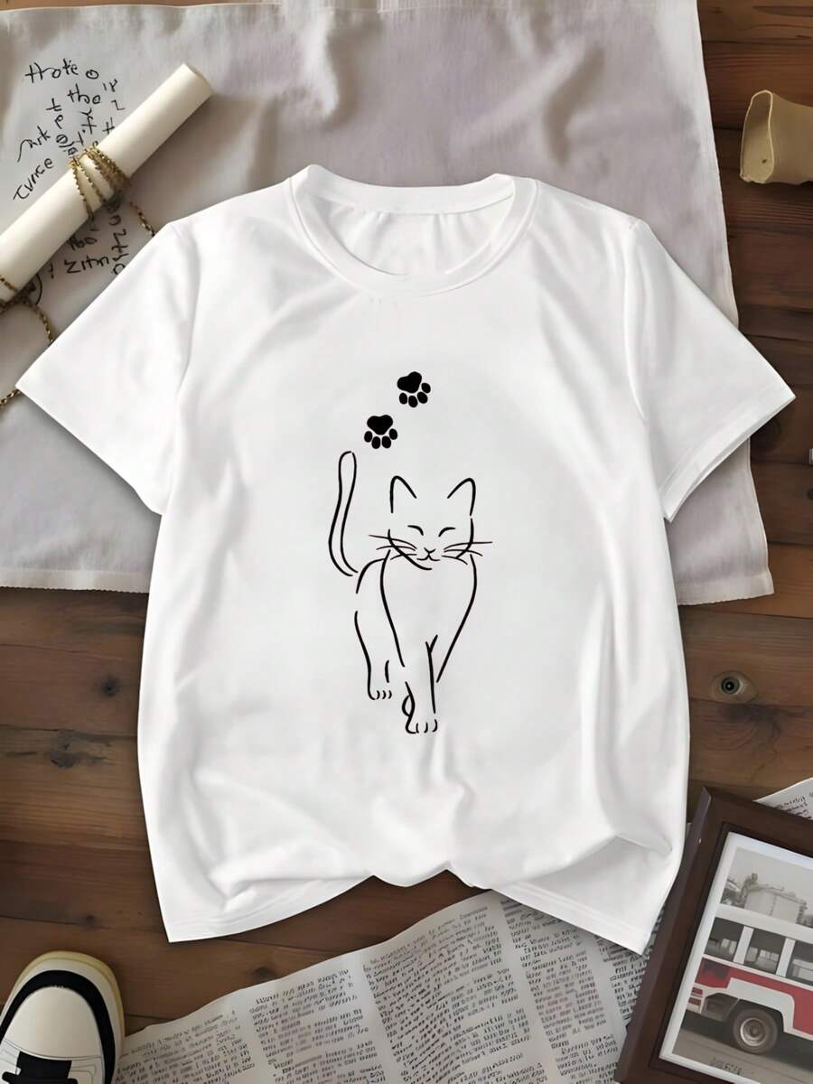 Minimalist Cat And Paw Print Graphic Tee,Women's Christmas Print Round Neck Short Sleeve Casual Versatile T-Shirt,220 Grams Heavyweight Cotton Printed T-Shirt - White - View 1