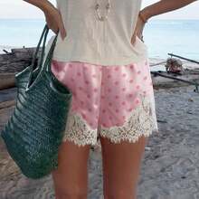 Boho Women's Lace Trim Satin Silk Shorts Shiny Elastic Waist Mini Shorts Pettipants Half Slip Shorts French Knickers Boyshorts For Dresses Full Coverage Underwear Lounge Pants - 西瓜粉 - 查看 2