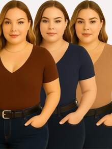 Kit With 3 Basic Women's Plus Size V-Neck Blouses - Brown/navy Blue/chocolate - View 1