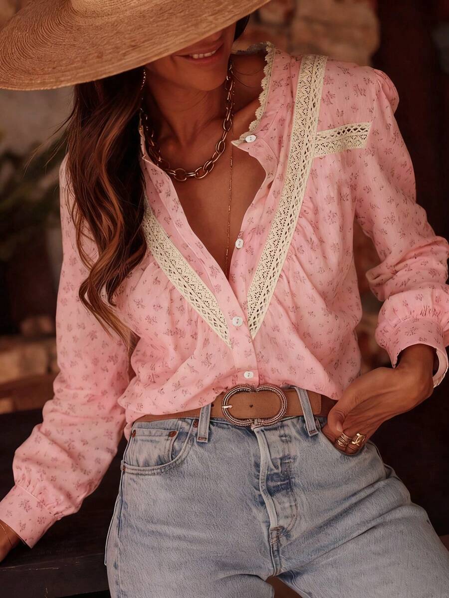 ii 女式花卉印花前扣蕾丝拼布休闲优雅度假衬衫