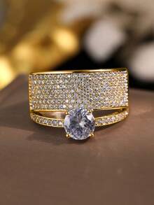 Caixa de presente de luxo com zircônia cúbica empilhável, anéis dourados, joias elegantes da moda adequadas para casamento e presente - Ouro - Ver 5