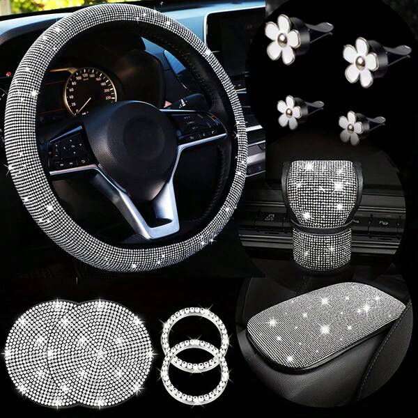 11 piezas Conjunto de decoración interior de automóvil con rhinestones brillantes, Funda universal para volante, Funda para apoyabrazos, Funda para palanca de cambios, Alfombrilla para portavasos, Decoración de flores de margarita para el interior del automóvil